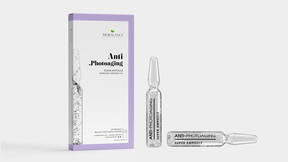 Biobalance, ампулы для лица против фотостарения Anti Photoaging Superoxide Dismutase 0,5%; имеют антивозрастной эффект, успокаивают кожу, снимают воспаления, выравнивают тон