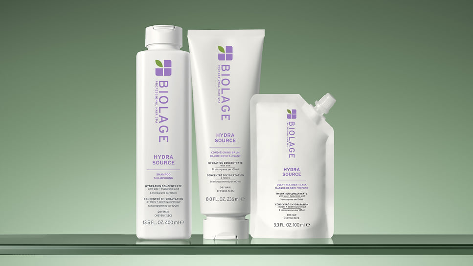 Biolage,  линия для ухода за волосами Hydra Source Professional Hair Spa с гиалуроновой кислотой и экстрактом алоэ в составе 
