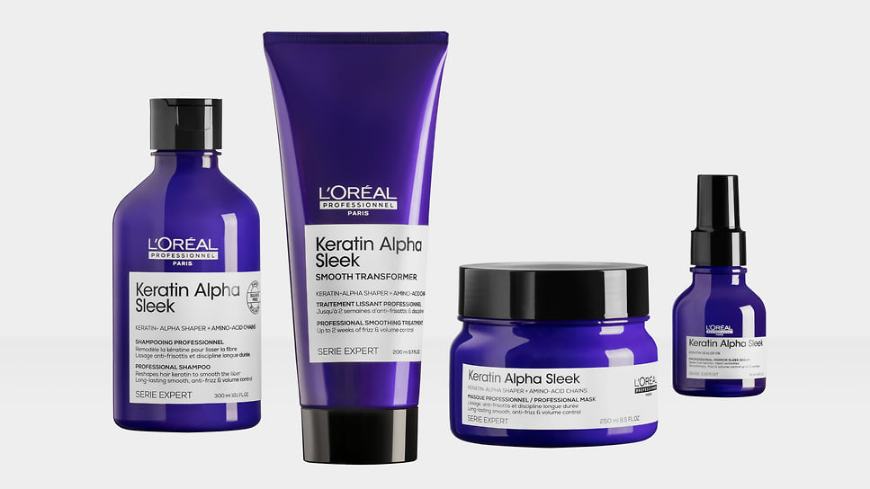 L'Oreal Professionnel Paris, система домашнего ухода за волосами (шампунь, разглаживающий уход, сыворотка, маска) Keratin Alpha Sleek для гладкости и контроля пушения 