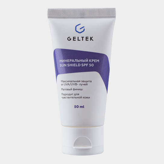 Geltek, водостойкий крем Sun Shield SPF 50+ от UVA- и UVB-излучения на минеральных фильтрах. Подходит для раздражённой, чувствительной и атопичной кожи лица и тела, включая зону вокруг глаз 