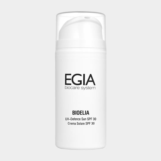 EGIA Biocare System, солнцезащитный SPF-30 крема с UVA- и UVB-фильтрами: увлажняет кожу, предотвращает появление гиперпигментации, препятствует процессам фотостарения. В составе: экстракт календулы, гиалуроновая кислота и пантенол 
