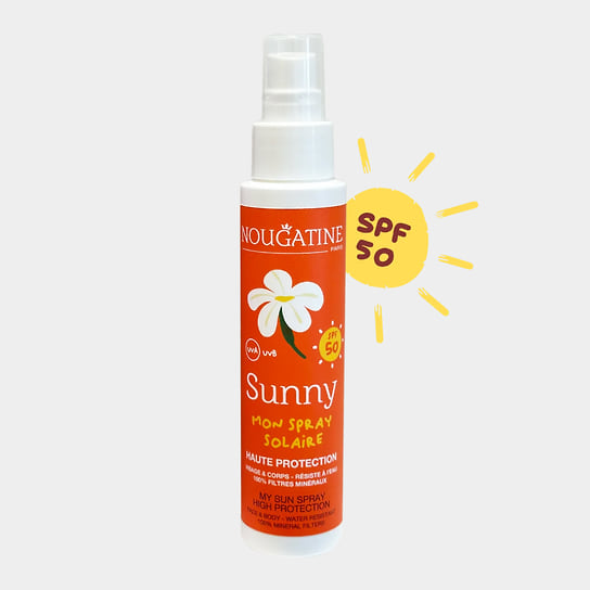 Nougatine Paris, солнечный спрей SPF50 для лица и тела. В составе: сочетание минеральных фильтров UVA/UVB, натуральное органическое масло косточек малины, природный бисаболол 