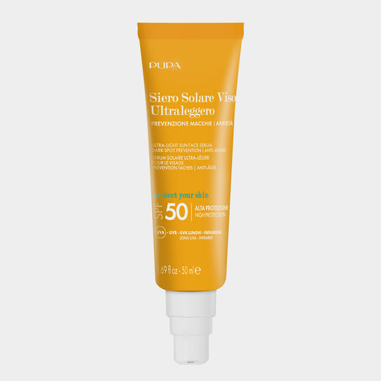 PUPA Milano, ультра-легкая сыворотка для лица с SPF 50 Ultra-Light Face Sun Serum Dark Spot Prevention: предотвращает появление пигментации и смягчает последствия фотостарения, такие как морщины и потеря упругости кожи. В составе: эктоин и ниацинамид 