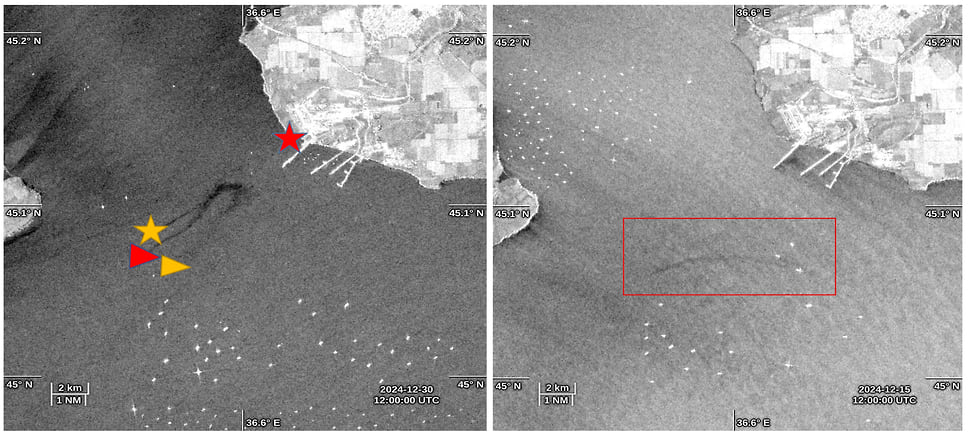 Расположение фрагментов танкеров «Волгонефть-212» (жёлтый) и «Волгонефть-239» (красный) на радиолокационном снимке Sentinel-1. Звёздочкой обозначены кормовые позиции танкеров, а треугольником – их носовая часть. Нефтяное пятно (выделено красным прямоугольником) в районе аварии в первые дни после неё 