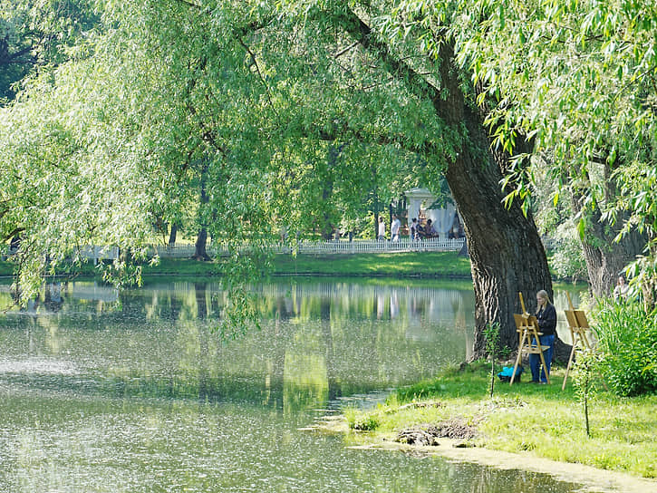Художница с мольбертом на пленэре у Верхнего пруда