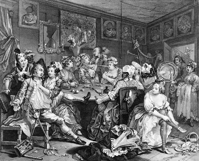 Гравюра английского художника Уильяма Хогарта «Карьера распутника». 1735 год 