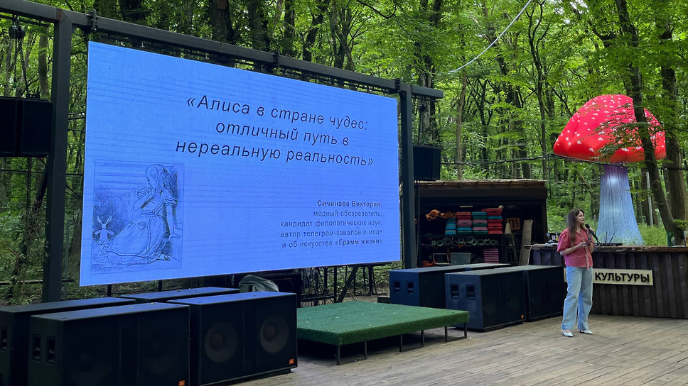 Пока гости собирались, в глубине площадки уже шла лекция «Алиса в стране чудес: отличный путь в нереальную реальность» от Виктории Сичинавы