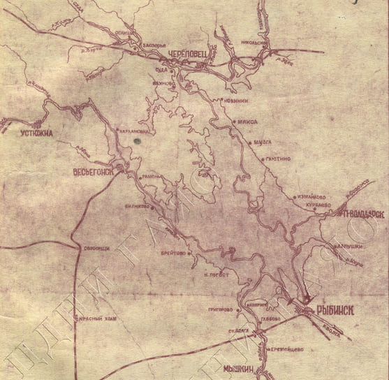 В 1935 году стройка у Ярославля была остановлена. Вместо одной плотины в Ярославле решено было создать два гидроузла — в Рыбинске и Угличе, что значительно увеличивало площадь будущих искусственных водоемов. На фото — карта зоны затопления Рыбинского водохранилища