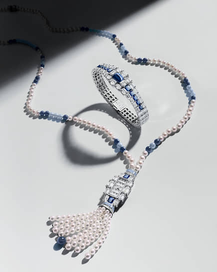 Часы и колье Grand Lady Kalla, Vacheron Constantin, белое золото, сапфиры, жемчуг, бриллианты 