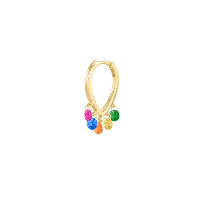 Серьга Infinity, желтое золото, рубин, цветные сапфиры, зеленый гранат
