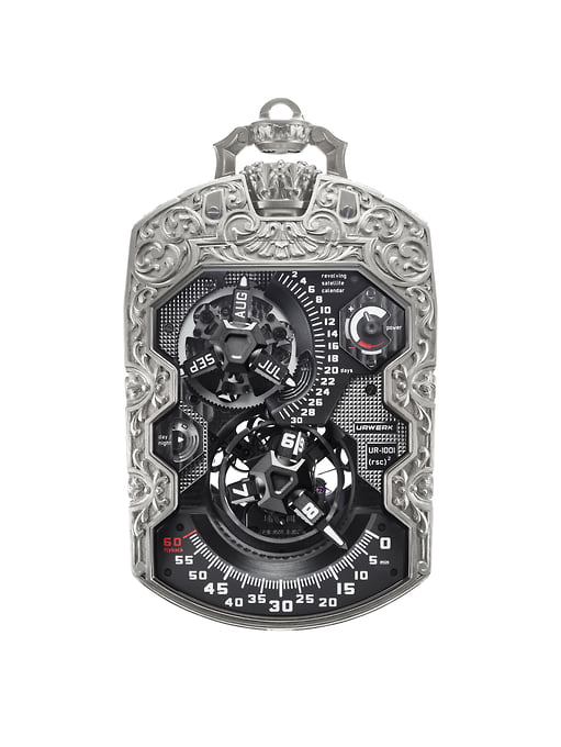 Urwerk UR1001 Amadeus — уникальные карманные часы, в которых сложнейший механизм помещен в гравированный титановый корпус